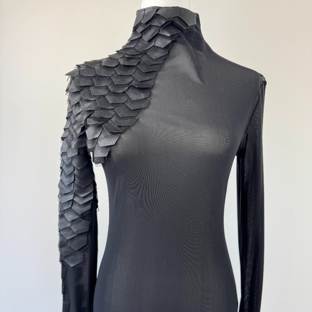 Gracia Sheer Black Top with Faux Leather Scales
